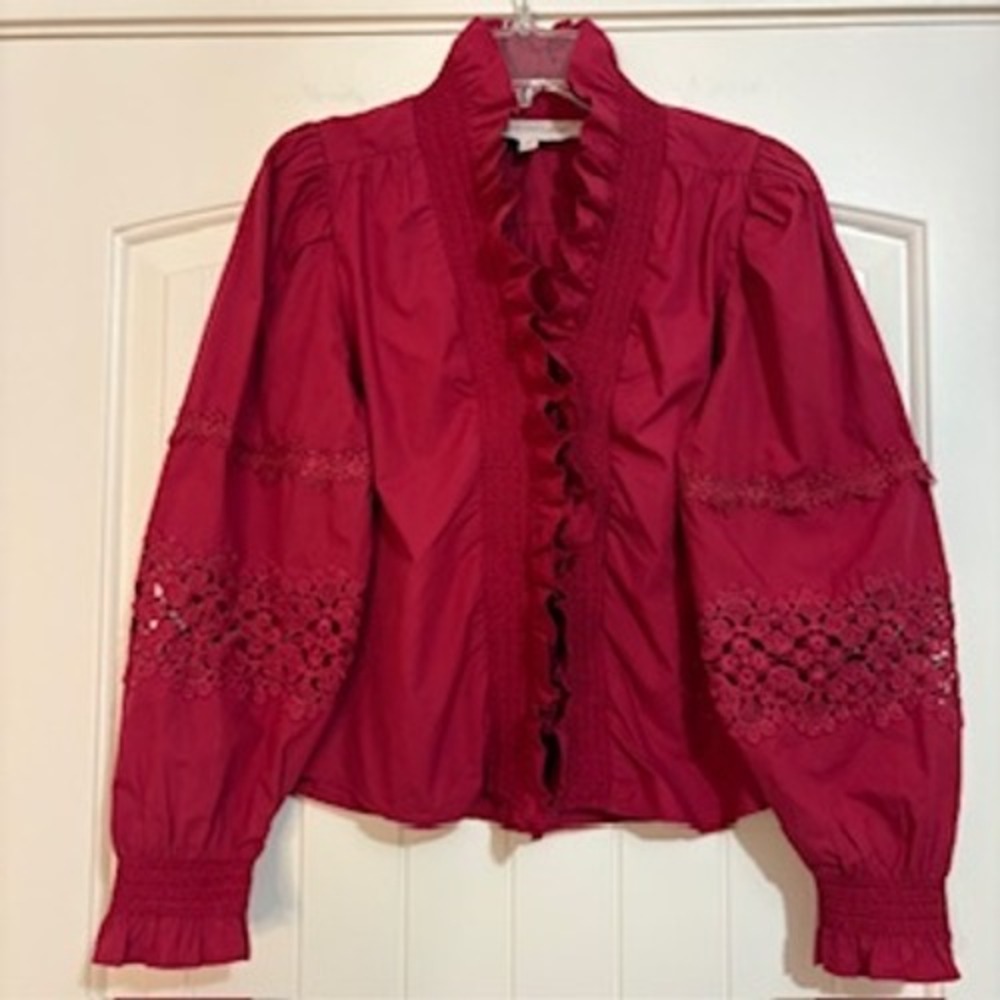 Love the Label Womens XS Berry Red Cotton Ruffle Eyelet Lace Smocked Blouse Top